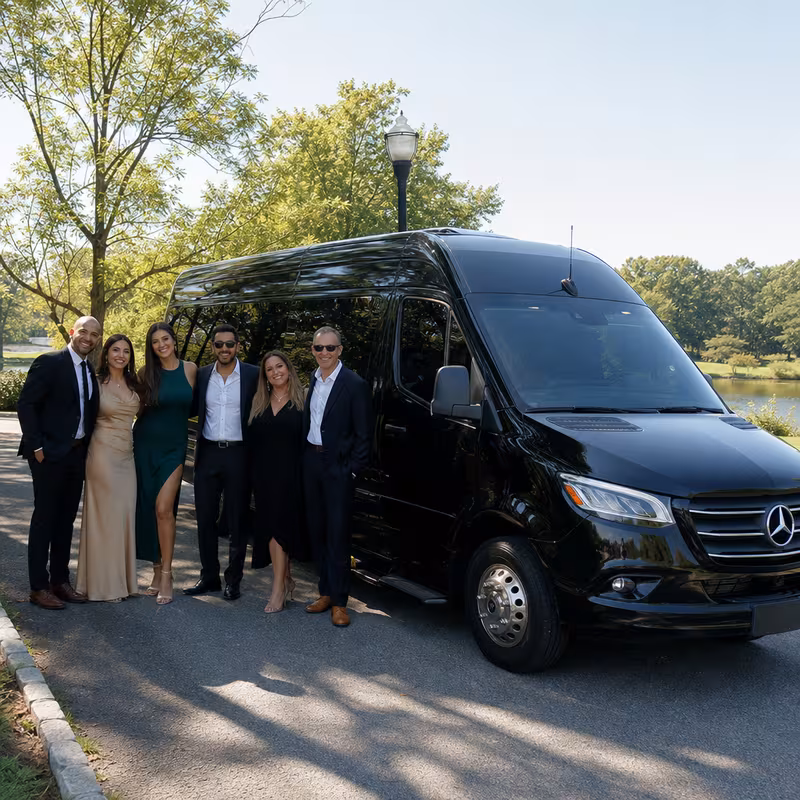 Group beside a Mercedes Sprinter limo from the Princeton fleet