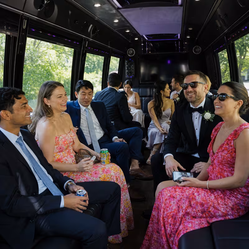 Wedding guests seated inside a Princeton party bus