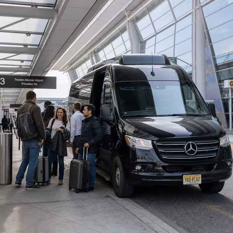 Group boarding a white charter bus for Airport Transportation transportation in Princeton