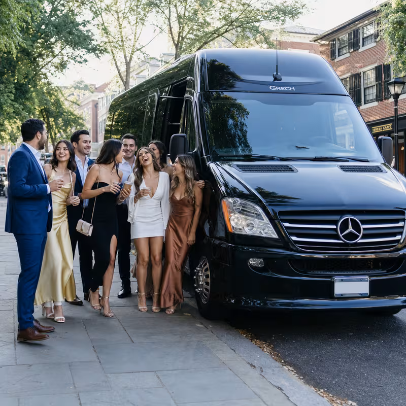 Group boarding a white charter bus for Bachelor & Bachelorette Transportation transportation in Princeton
