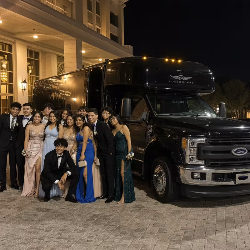Party bus interior with wraparound leather seating and LED lighting in Princeton