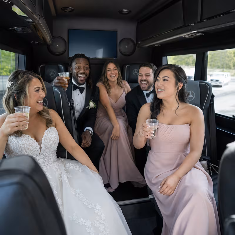 Black Mercedes Sprinter van staged for an Princeton Wedding Transportation group